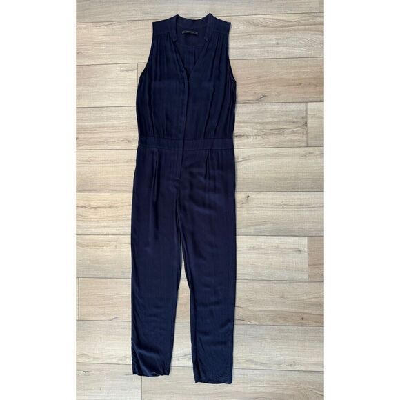 ZARA Basic S Small Women’s V-NECK JUMPSUIT Jumper Navy Zipper Holiday romper - Picture 2 of 7